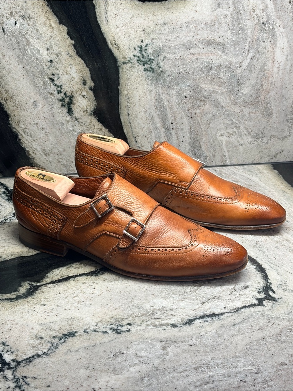 Santoni Fatte a Mano Double Monk Brown Grained Leather Shoes UK 9 US 11 Italy